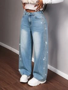 SHEIN Unity Damen Lässig 90er Y2K 2000er gewaschene Strass-Dekor Weite Beine Jeans Herbst Outfit Nachtausgang Ausgehen Party Hellblau - Blau - Übersicht 5