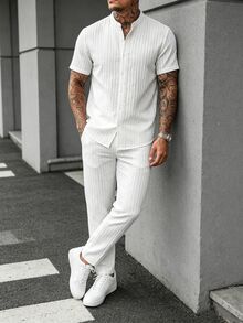 Manfinity CasualCool 男士白色夏季休閒度假套裝，亞麻混紡短袖立領亨利衫 + 長褲 2 件套，高端海灘度假穿搭 - 白色 - 查看 5