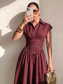 Structelle Black Elegant French Striped Shirt Collar Cinched Waist Full Skirt Long Dress For Women Dinner Date Diner Summer - Burgundy - View 3