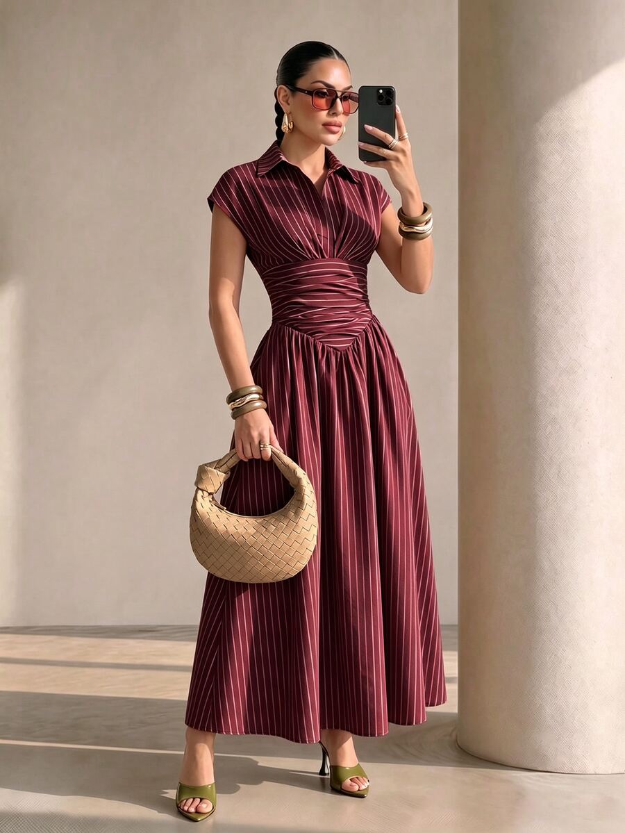 Structelle Black Elegant French Striped Shirt Collar Cinched Waist Full Skirt Long Dress For Women Dinner Date Diner Summer - Burgundy - View 1