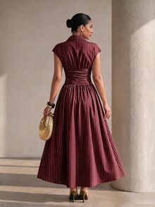 Structelle Black Elegant French Striped Shirt Collar Cinched Waist Full Skirt Long Dress For Women Dinner Date Diner Summer - Burgundy - View 2