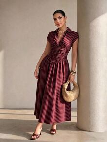 Structelle Black Elegant French Striped Shirt Collar Cinched Waist Full Skirt Long Dress For Women Dinner Date Diner Summer - Burgundy - View 5