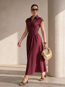 Structelle Black Elegant French Striped Shirt Collar Cinched Waist Full Skirt Long Dress For Women Dinner Date Diner Summer - Burgundy - View 4