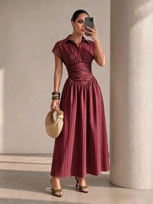 Structelle Black Elegant French Striped Shirt Collar Cinched Waist Full Skirt Long Dress For Women Dinner Date Diner Summer - Burgundy - View 7