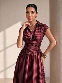 Structelle Black Elegant French Striped Shirt Collar Cinched Waist Full Skirt Long Dress For Women Dinner Date Diner Summer - Burgundy - View 6