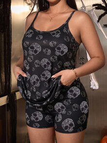 Muchica Plus Size Women's Skull Print Spaghetti Strap Romper - Black - View 1