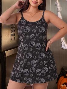 Muchica Plus Size Women's Skull Print Spaghetti Strap Romper - Black - View 5