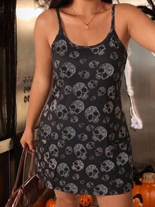 Muchica Plus Size Women's Skull Print Spaghetti Strap Romper - Black - View 3