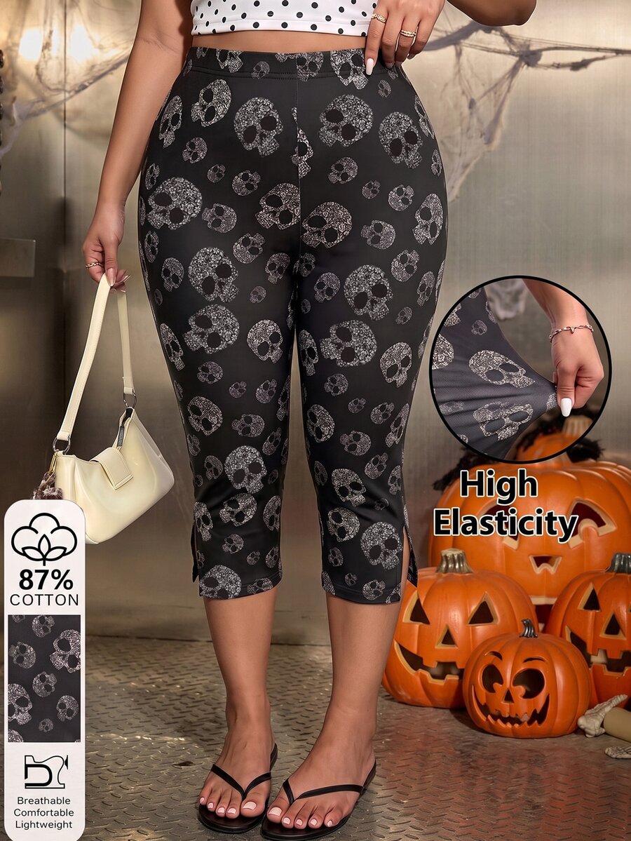 Muchica Black Plus Size Women's Gym Women, Capri Leggings, Spring Summer Halloween - Black - View 1
