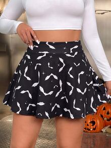 Muchica Plus Size Women's All-Over Print Casual Daily Skorts With Pockets - Black - View 1