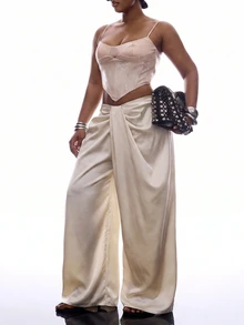 LYSMO Plus Size Fashion Commuter Cocktail Party Date Night Evening Formal Sexy Elegant Solid Color Ruched Wide Leg Pants White Autumn Curve Wedding Fall - Champagne - View 6