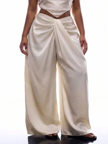 LYSMO Plus Size Fashion Commuter Cocktail Party Date Night Evening Formal Sexy Elegant Solid Color Ruched Wide Leg Pants White Autumn Curve Wedding Fall - Champagne - View 5