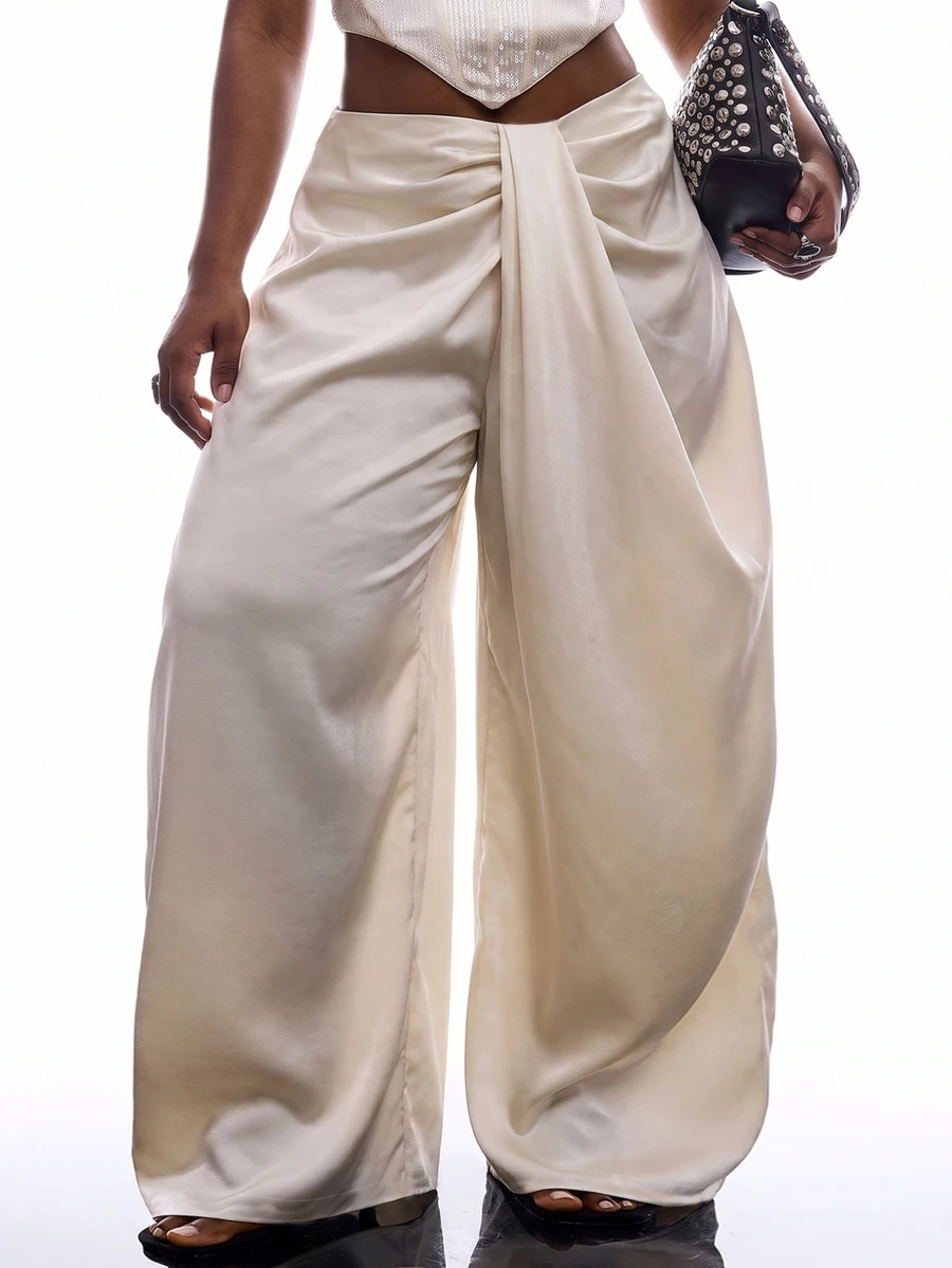 LYSMO Plus Size Fashion Commuter Cocktail Party Date Night Evening Formal Sexy Elegant Solid Color Ruched Wide Leg Pants White Autumn Curve Wedding Fall