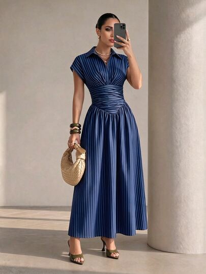 Structelle Elegant Black Striped Shirt Collar Cinched Waist Full Skirt Long Dress For Women
