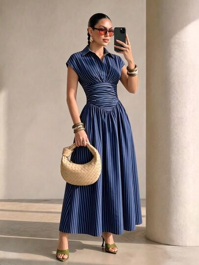 Xyvia Elegant Black Striped Shirt Collar Cinched Waist Full Skirt Long Dress For Women