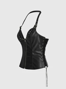 ACID BLVD Y2K Punk Style 2 In 1 Zipper Front Side Tie Decor Fitted PU Tank Top - Black - View 12