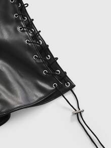 ACID BLVD Y2K Punk Style 2 In 1 Zipper Front Side Tie Decor Fitted PU Tank Top - Black - View 14