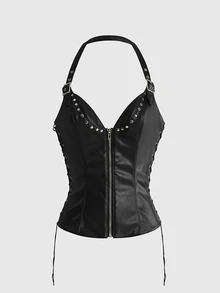 ACID BLVD Y2K Punk Style 2 In 1 Zipper Front Side Tie Decor Fitted PU Tank Top - Black - View 11