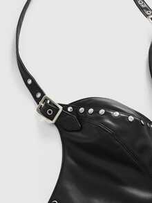ACID BLVD Y2K Punk Style 2 In 1 Zipper Front Side Tie Decor Fitted PU Tank Top - Black - View 13