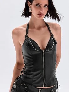 ACID BLVD Y2K Punk Style 2 In 1 Zipper Front Side Tie Decor Fitted PU Tank Top - Black - View 8
