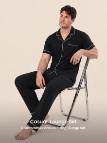 LUVLETTE Plus Size Men Black Pajama Set 100% Cotton Short Sleeve Notch Collar Button Front Top Straight Leg Pants Contrast Piping Chest Pocket Homewear - Black - View 8