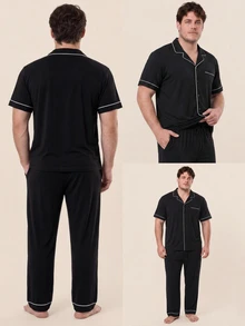 LUVLETTE Plus Size Men Black Pajama Set 100% Cotton Short Sleeve Notch Collar Button Front Top Straight Leg Pants Contrast Piping Chest Pocket Homewear - Black - View 3
