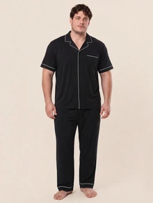 LUVLETTE Plus Size Men Black Pajama Set 100% Cotton Short Sleeve Notch Collar Button Front Top Straight Leg Pants Contrast Piping Chest Pocket Homewear - Black - View 7