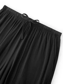 LUVLETTE Plus Size Men Black Pajama Set 100% Cotton Short Sleeve Notch Collar Button Front Top Straight Leg Pants Contrast Piping Chest Pocket Homewear - Black - View 9