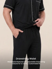 LUVLETTE Plus Size Men Black Pajama Set 100% Cotton Short Sleeve Notch Collar Button Front Top Straight Leg Pants Contrast Piping Chest Pocket Homewear - Black - View 5