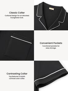 LUVLETTE Plus Size Men Black Pajama Set 100% Cotton Short Sleeve Notch Collar Button Front Top Straight Leg Pants Contrast Piping Chest Pocket Homewear - Black - View 4