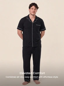LUVLETTE Plus Size Men Black Pajama Set 100% Cotton Short Sleeve Notch Collar Button Front Top Straight Leg Pants Contrast Piping Chest Pocket Homewear - Black - View 2