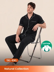 LUVLETTE Plus Size Men Black Pajama Set 100% Cotton Short Sleeve Notch Collar Button Front Top Straight Leg Pants Contrast Piping Chest Pocket Homewear - Black - View 1