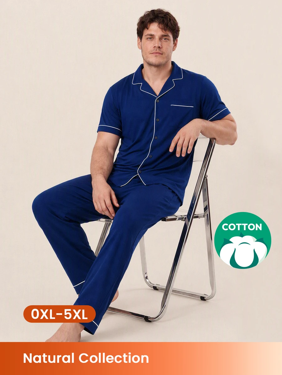 LUVLETTE Plus Size Men Blue Pajama Set 100% Cotton Short Sleeve Notch Collar Button Front Top & Straight Leg Pants Contrast Piping Chest Pocket Homewear - Blue - View 1