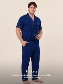 LUVLETTE Plus Size Men Blue Pajama Set 100% Cotton Short Sleeve Notch Collar Button Front Top & Straight Leg Pants Contrast Piping Chest Pocket Homewear - Blue - View 2