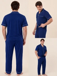 LUVLETTE Plus Size Men Blue Pajama Set 100% Cotton Short Sleeve Notch Collar Button Front Top & Straight Leg Pants Contrast Piping Chest Pocket Homewear - Blue - View 3