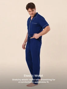LUVLETTE Plus Size Men Blue Pajama Set 100% Cotton Short Sleeve Notch Collar Button Front Top & Straight Leg Pants Contrast Piping Chest Pocket Homewear - Blue - View 5