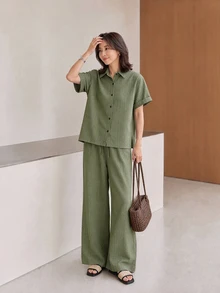 Yumoku 2件套女士圆领纯色无袖上衣和印花长裤休闲度假套装，女装套装 - 軍綠色 - 查看 1