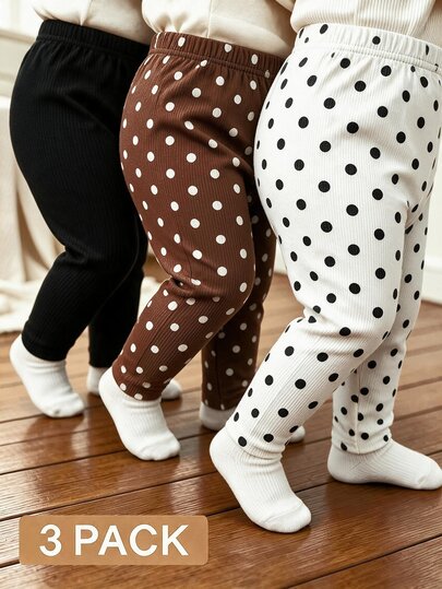 SHEIN 3 Pieces/Set Of Cute Solid Color And Polka Dot Brushed Knitted Pit Stripe Leggings For Baby Girls