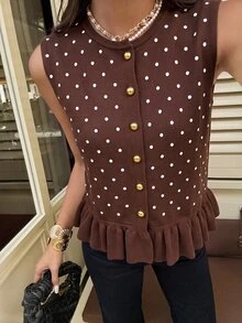 Serisse 女款棕色與白色波點單排扣荷葉邊針織背心，適合早午餐、秋季、法式復古風 - 棕色 - 查看 5