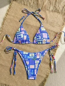Soleia 女士孔雀蓝针织金属线V领贝壳链装饰系带两件式比基尼套装，度假 - 藍色 - 查看 4