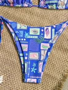 Soleia 女士孔雀蓝针织金属线V领贝壳链装饰系带两件式比基尼套装，度假 - 藍色 - 查看 5