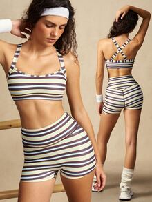 VARSIVA Women's Striped Top And High Waist Shorts Casual Daily Sports Outfit - Multicolor - View 2