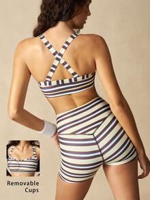 VARSIVA Women's Striped Top And High Waist Shorts Casual Daily Sports Outfit - Multicolor - View 4