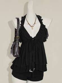 SHEIN ICON Basic Casual Neck Tie Drape Double-Layer Top, Solid Black Color Summer Tops - Black - View 9
