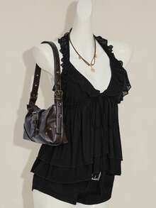 SHEIN ICON Basic Casual Neck Tie Drape Double-Layer Top, Solid Black Color Summer Tops - Black - View 4