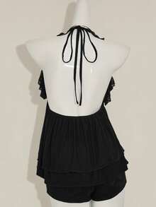 SHEIN ICON Basic Casual Neck Tie Drape Double-Layer Top, Solid Black Color Summer Tops - Black - View 2