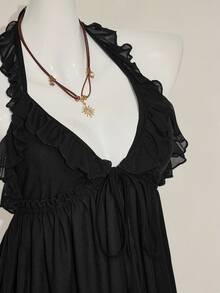 SHEIN ICON Basic Casual Neck Tie Drape Double-Layer Top, Solid Black Color Summer Tops - Black - View 8