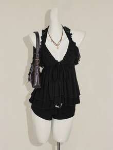 SHEIN ICON Basic Casual Neck Tie Drape Double-Layer Top, Solid Black Color Summer Tops - Black - View 5