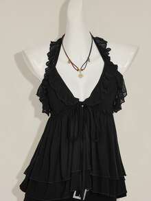 SHEIN ICON Basic Casual Neck Tie Drape Double-Layer Top, Solid Black Color Summer Tops - Black - View 7