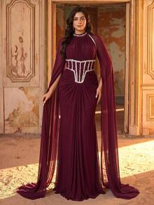 Aureia Plus Size Classy Beaded Rhinestone Diamond Satin Ruched Sleeveless Fishtail Skirt Wedding Formal Prom Dinner Ball Gown Burgundy Sequin Winter - Burgundy - View 10